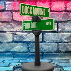 May include: A novelty street sign with green signs that read "DUCK AROUND LN" and "FIND OUT BLVD". The signs are mounted on a gray post and base, set against a brick wall background.
