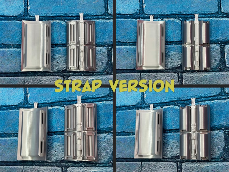 以下が含まれることがあります： 青いレンガの壁を背景に、銀色の金属製ストラップコンポーネントのコレクション。テキスト「STRAP VERSION」は黄色の文字です。コンポーネントは、さまざまなデザインの長方形です。