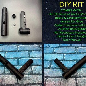 May include: DIY kit for a lightsaber, featuring 3D-printed parts, assembly glue, electronics, a 32-inch RGB blade, hardware, a charger, and a user manual. The image shows unassembled parts and a completed saber on a brick background.