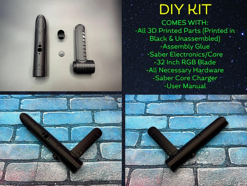 May include: DIY kit for a lightsaber, featuring 3D-printed parts, assembly glue, electronics, a 32-inch RGB blade, hardware, a charger, and a user manual. The image shows unassembled parts and a completed saber on a brick background.