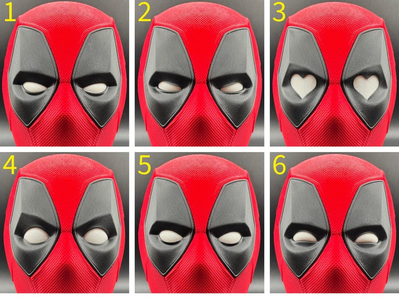 May include: Six different expressions of a red and black Deadpool mask. The mask has a textured surface and black eye holes. The expressions include closed eyes, open eyes, and heart-shaped eyes.