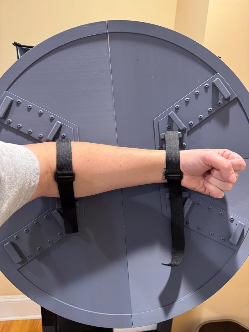May include: A gray, circular shield with black straps for arm placement. The shield is divided into sections and has metal-like accents. The arm is inserted into the shield, demonstrating its use. The shield appears to be a prop or costume piece.