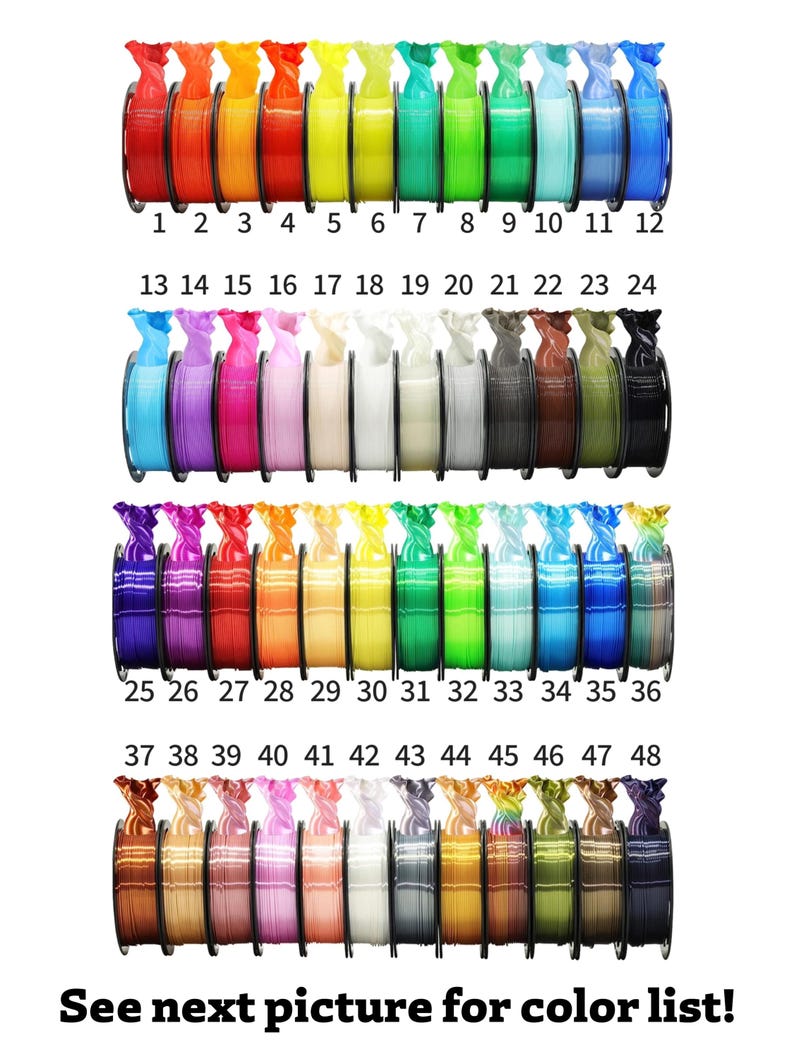 May include: A display of 48 spools of colorful ribbon, each with a different shade. The ribbons are arranged in rows and numbered. The text "See next picture for color list!" is at the bottom.
