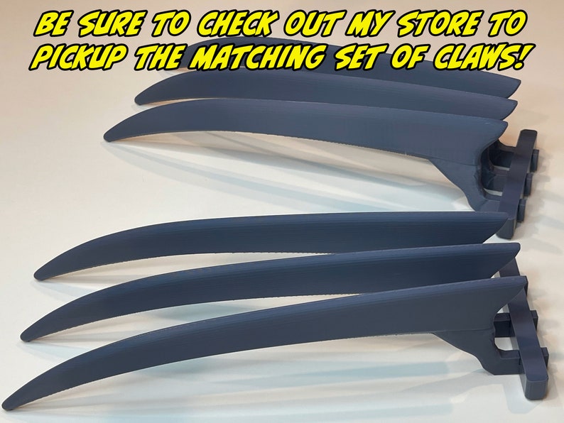 May include: A set of six blue plastic claws, resembling Wolverine's claws, are arranged in a row. The claws are curved and have a sharp point. The text "BE SURE TO CHECK OUT MY STORE TO PICKUP THE MATCHING SET OF CLAWS!" is visible at the top of the image.
