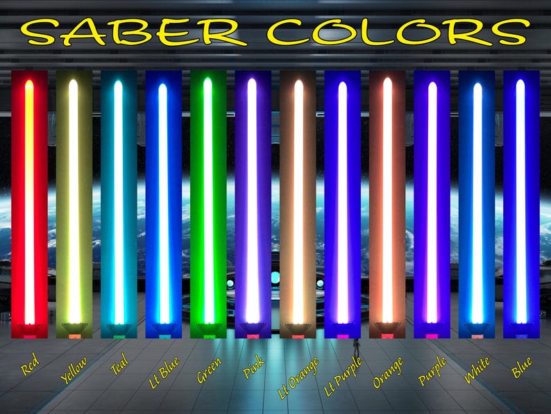 Puede incluir: Imagen que muestra una variedad de colores de sables de luz: rojo, amarillo, turquesa, azul claro, verde, rosa, naranja claro, morado claro, naranja, morado, blanco y azul. El texto "SABER COLORS" se muestra en la parte superior.