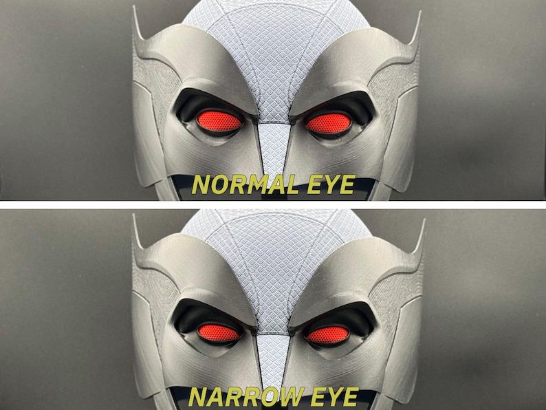 May include: A close-up of a gray mask with red eyes. The top image shows the mask with normal eyes, while the bottom image shows the mask with narrow eyes. The text "NORMAL EYE" is below the top image, and the text "NARROW EYE" is below the bottom image.
