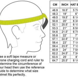 May include: A black and white line drawing of a head with a yellow measuring tape wrapped around it. A table displays columns for CM, INCH, and HAT SIZE. Text reads: Use a soft tape measure or phone charging cord and ruler to determine the circumference of your head then use the reference guide to determine what size helmet fits perfectly.