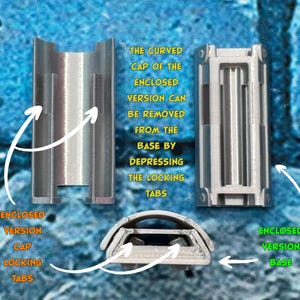 以下が含まれることがあります： 3つの銀色の3Dプリントコンポーネントの画像。テキストは、これらが「密閉バージョン」の一部であり、湾曲したキャップ、ロッキングタブ、ベースを備えていることを示しています。テキストは、キャップの取り外し方を説明しています。