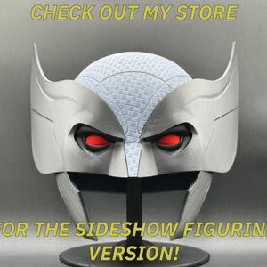 May include: A white plastic mask with red eyes. The mask is on a black stand. The text "CHECK OUT MY STORE" is at the top of the image. The text "FOR THE  SIDESHOW FIGURINE VERSION!" is at the bottom of the image.
