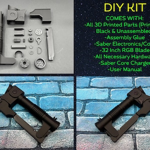 May include: A DIY kit for a saber, featuring unassembled 3D-printed parts, assembly glue, electronics, a 32-inch RGB blade, hardware, a charger, and a user manual. The image shows the parts and an assembled saber.