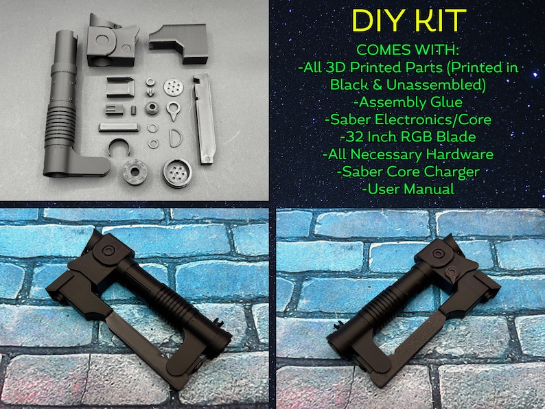 May include: A DIY kit for a saber, featuring unassembled 3D-printed parts, assembly glue, electronics, a 32-inch RGB blade, hardware, a charger, and a user manual. The image shows the parts and an assembled saber.