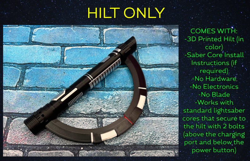 May include: A black and silver lightsaber hilt with a curved, segmented ring. The text "HILT ONLY" is at the top. The image includes details about the hilt, including that it is 3D printed and works with standard lightsaber cores.