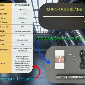 Puede incluir: Imagen de descripci&oacute;n general del producto con una hoja RGB de 81 cm, un n&uacute;cleo de sable y accesorios incluidos. La imagen tambi&eacute;n muestra una tabla de especificaciones detallada, destacando caracter&iacute;sticas como fuentes de sonido, opciones de color de la hoja y efectos de encendido.