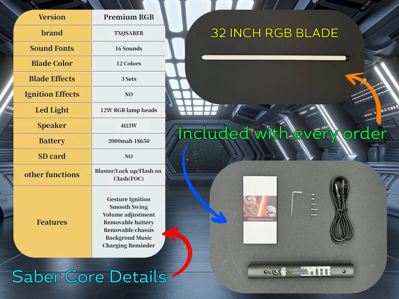 Puede incluir: Imagen de descripci&oacute;n general del producto con una hoja RGB de 81 cm, un n&uacute;cleo de sable y accesorios incluidos. La imagen tambi&eacute;n muestra una tabla de especificaciones detallada, destacando caracter&iacute;sticas como fuentes de sonido, opciones de color de la hoja y efectos de encendido.