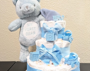 Baby Blue Teddy Bear Diaper Cake, Baby Shower Gift, Center Piece , Nursery Decor