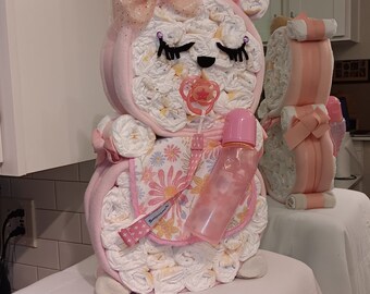 Pink Teddy Bear Baby Girl Diaper Cake,Center Piece