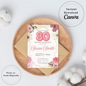 80th Birthday Invitation Template - Eightieth Floral Pink & Elegant Digital Invite for Grandma, Mom or Woman - Easy Editable Canva Design