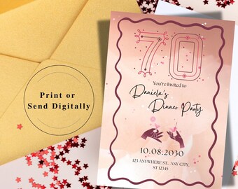 Editable 70th Birthday Invitation for Women – Pink & Gold Glitter Party Invite – Glam Digital Canva Template – 70th Mobile E-Invite for Her