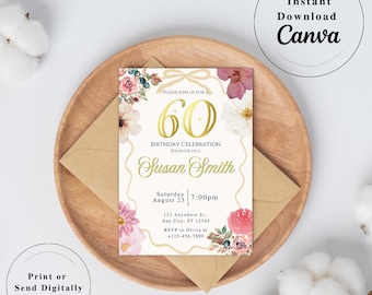 Editable 60th Birthday Invite for Women - Pink and Gold Floral Party Invitation for Her - Digital Download Canva Template for Mom or Grandma