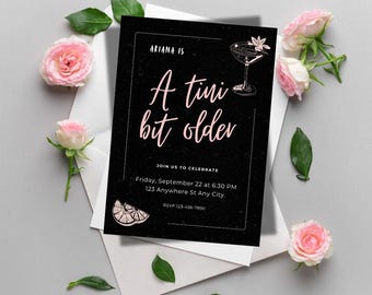 A Tini Bit Older Birthday Invitation - Modern Editable Martini Themed Party Invite for Women - Black&Pink Cocktail Digital Template in Canva