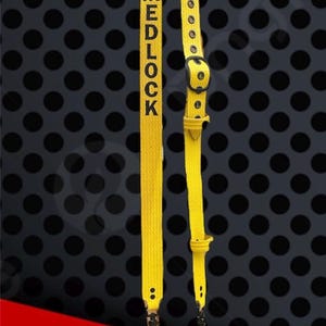 May include: Yellow lanyard with the word "MEDLOCK" printed in black. The lanyard has a small pouch with the text "EF 3". The background is black with a pattern of black circles.