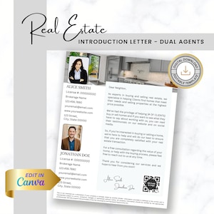 Peut inclure: Modèle de lettre d'introduction pour l'immobilier avec une bordure dorée. Le modèle présente une photo de deux agents immobiliers, leurs coordonnées et un message aux clients potentiels. Le texte comprend la phrase "Agents doubles".