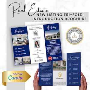 Op de afbeelding: Marineblauwe drievoudige brochure voor onroerend goed, met de tekst "Real Estate New Listing Tri-Fold Introduction Brochure". De brochure bevat hoogtepunten, een nieuwe aanbieding en voordelen. Het heeft een "Digital Download Editable Template" badge en de tekst "Edit in Canva".