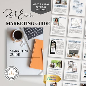 Könnte beinhalten: Ein digitaler Marketing-Leitfaden für Immobilienmakler mit einem weißen Laptop, einer Tasse Kaffee, einem Notizbuch und einem Bleistift. Der Leitfaden umfasst Abschnitte zu professioneller Fotografie, Grundrissen, E-Mail-Marketing, virtuellen Besichtigungen, Besichtigungsterminen, Social Media und Print-Marketing. Der Leitfaden ist in Canva bearbeitbar und enthält ein Video- und Audio-Tutorial.