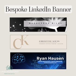 May include: Three LinkedIn banner designs with different backgrounds and text. The first banner is black with white text that reads "RASHEEDAH BILAL OPERATIONAL | TECHNICAL | PROCESS MANAGEMENT". The second banner is beige with brown text that reads "CK CHRISTINE KIENE LEADERSHIP | CRITICAL THINKING | COACHING". The third banner is blue with white text that reads "Ryan Hausen System Administration | System Engineering ryanhausen@yahoo.com".