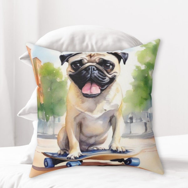 Pug on Skateboard Polyester Square Pillow Perfect for Couch Pug Lover Gift for Dog Lovers Pillow for Chair