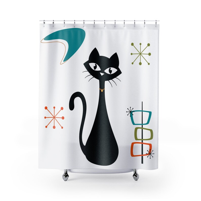 Atomic Cat Shower Curtain Mid Century Modern Shower Curtain Etsy