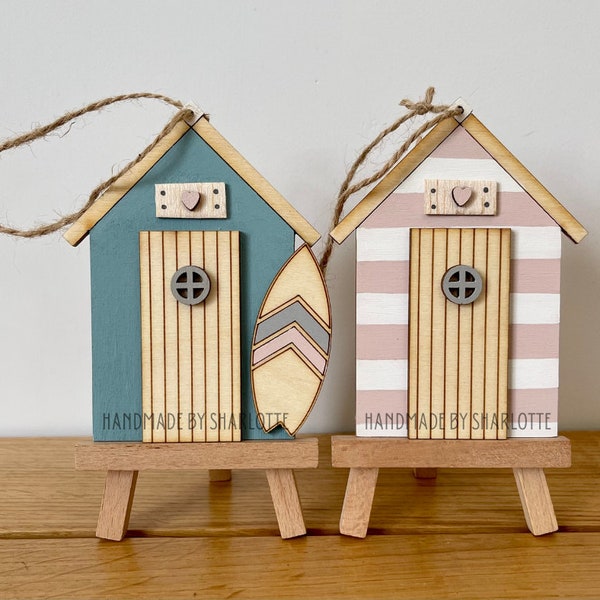 Hanging Beach Hut Wooden Ornament Pair With Surfboard Hand Painted