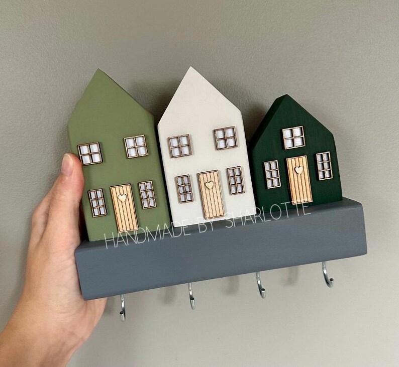 Wooden Scandinavian Cottage House Keyrack Key Hook Holder, Customisable
