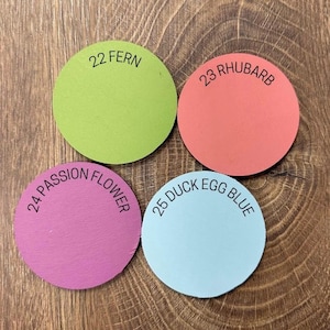 Pu&ograve; includere: Quattro dischi circolari in verde felce, rosa rabarbaro, viola fiore della passione e azzurro uovo d'anatra. Ogni disco presenta un testo stampato in nero: 22 FERN, 23 RHUBARB, 24 PASSION FLOWER e 25 DUCK EGG BLUE, che identifica il colore.