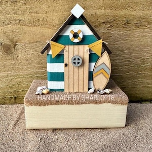Handmade Miniature Wooden Blue Beach Hut Ornament with Sand and Seashells, Nautical Seaside Home Decor