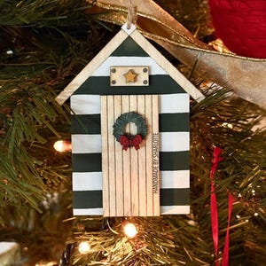 Hand Painted Beach Hut Christmas Ornament: Nautical Seaside Decor