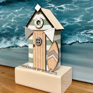 Green Wooden Beach Hut Ornament, handpainted Coastal Nautical Decor