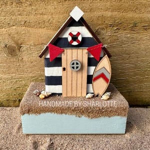 Handmade Miniature Wooden Blue Beach Hut Ornament with Sand and Seashells, Nautical Seaside Home Decor