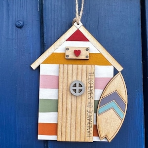 Rainbow Wooden Beach Hut Hanging Ornament With Surfboard, Hand Painted, Nautical Seaside Decor
