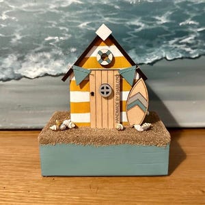 Handmade Miniature Wooden Yellow Beach Hut Ornament with Sand and Seashells, Nautical Seaside Home Decor
