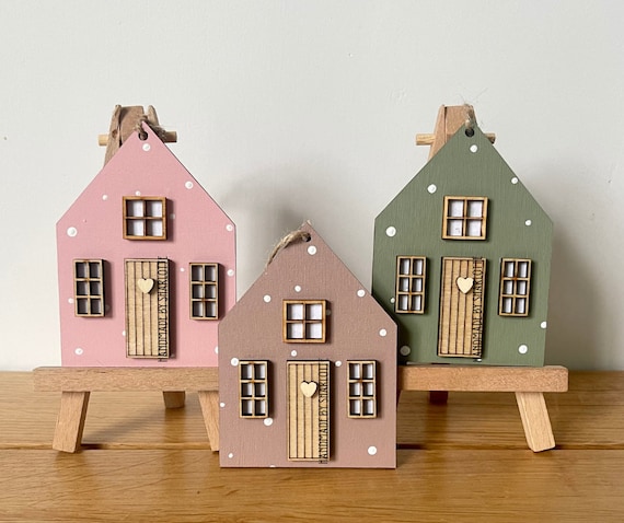 Polka Dot Wooden Hanging Cottage House Ornament, Scandinavian Decor, Handpainted
