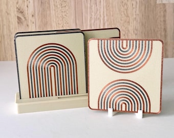 Podstawki artystyczne – Fala w stylu Midcentury Modern, wzór geometryczny MCM, zestaw 4 szt., kremowy i miedziany