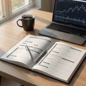 May include: An open planner with two silver pens, a laptop displaying a stock chart, and a black mug of coffee on a wooden desk. The planner has a black cover and is open to a spread with lined sections.