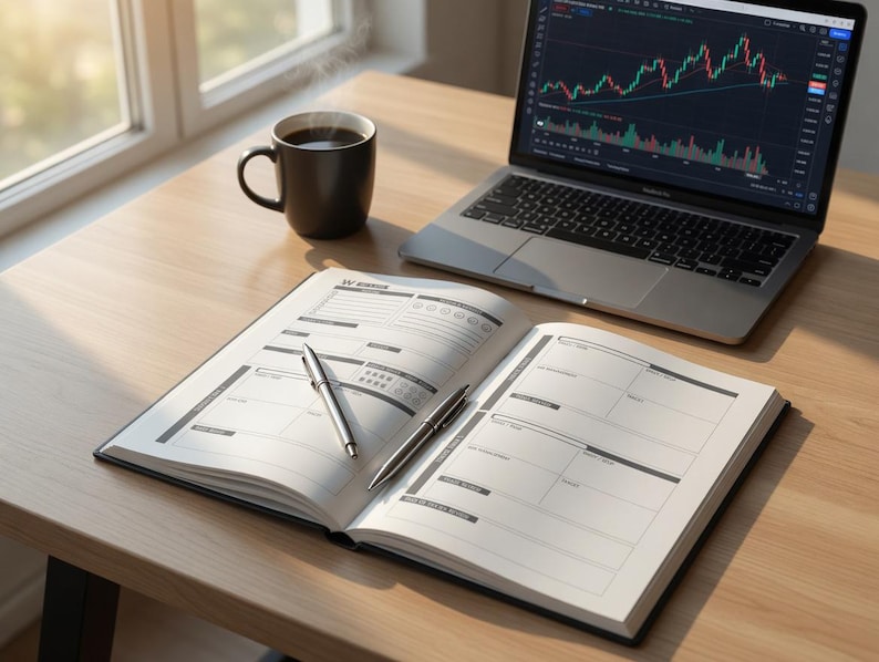 May include: An open planner with two silver pens, a laptop displaying a stock chart, and a black mug of coffee on a wooden desk. The planner has a black cover and is open to a spread with lined sections.