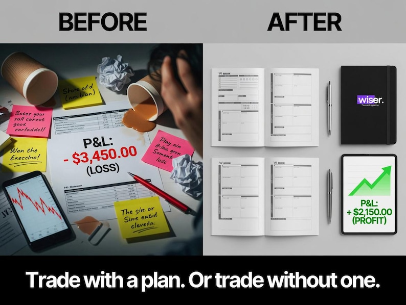 May include: A split image showing a financial loss scenario with spilled coffee, crumpled paper, and a phone displaying a declining graph, contrasted with a profit scenario featuring a planner, notebook, and tablet with a rising graph. The text reads "Trade with a plan. Or trade without one."