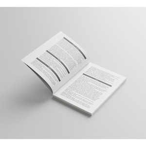 May include: An open book with white pages, displaying columns of text and horizontal lines. The book is angled, with one side slightly lifted, set against a plain, light background. The pages are filled with text.