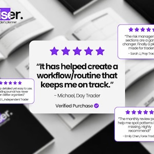 May include: A collection of black and white planners with the text "wiser. The trader's planner" and customer reviews. The reviews highlight the planner's detailed organization and workflow features. Purple stars are used for the rating system.