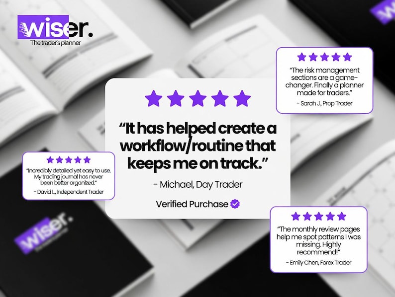 May include: A collection of black and white planners with the text "wiser. The trader's planner" and customer reviews. The reviews highlight the planner's detailed organization and workflow features. Purple stars are used for the rating system.