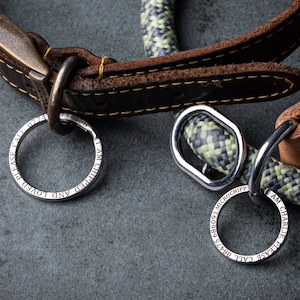May include: A brown leather collar with yellow stitching and a green and grey woven rope leash. Two silver circular metal tags are attached, one engraved with I AM CHIPPED AND LOVED PLEASE CALL 0774734158 and the other with AM CHARLIE PLEASE CALL 08475 686091 MICROCHIPPED.