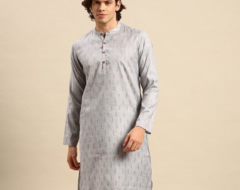 Mens Kurta Sets - Silver Woven Design Cotton Kurta With Pyjamas, Kurta Churidar, Kurta Pajama Men, Men Salwar Kameez, Men Kurta Pajama